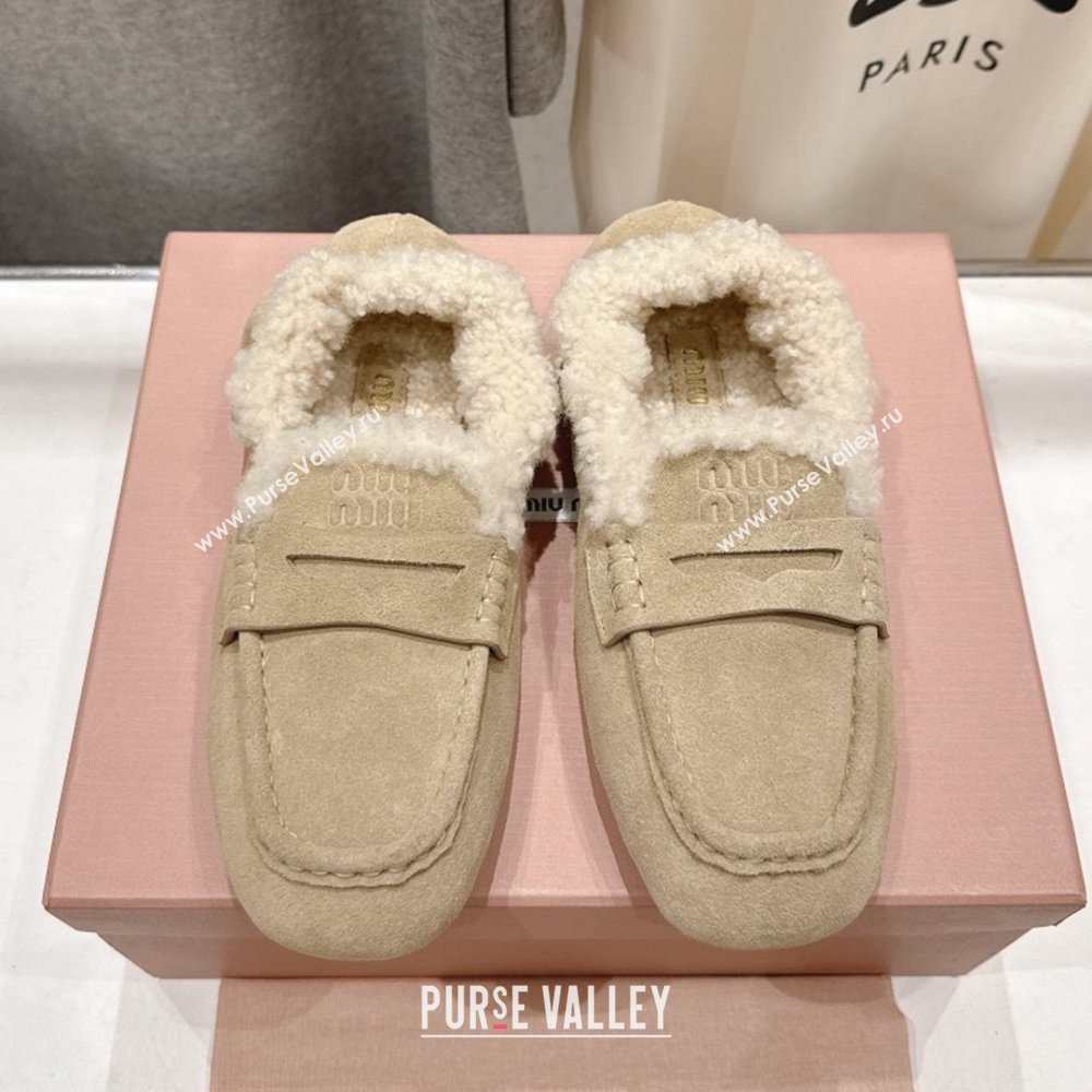 Miu Miu Ruches Suede Loafers with Shearling Beige 2025 (MD-25090603)