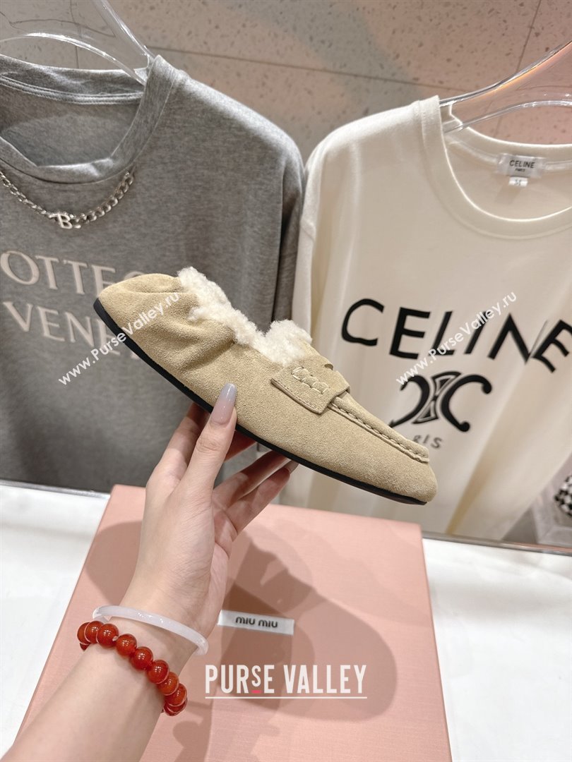 Miu Miu Ruches Suede Loafers with Shearling Beige 2025 (MD-25090603)