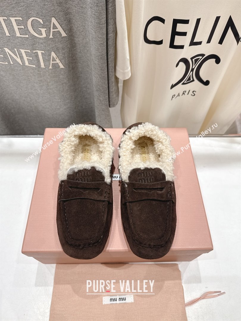 Miu Miu Ruches Suede Loafers with Shearling Dark Brown 2025 (MD-25090604)