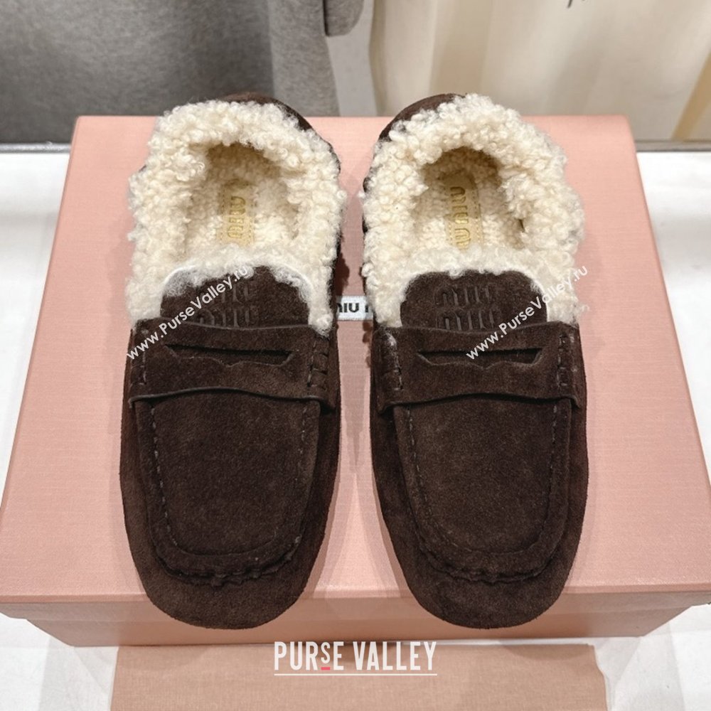 Miu Miu Ruches Suede Loafers with Shearling Dark Brown 2025 (MD-25090604)