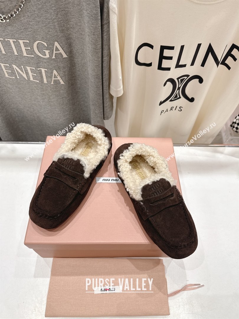 Miu Miu Ruches Suede Loafers with Shearling Dark Brown 2025 (MD-25090604)