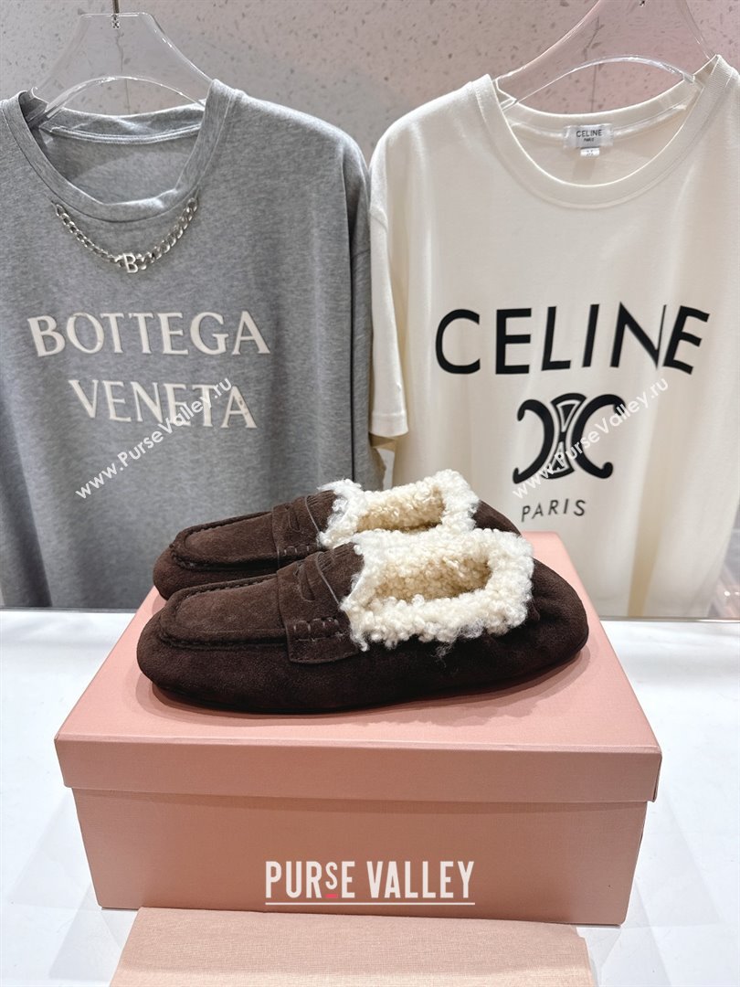 Miu Miu Ruches Suede Loafers with Shearling Dark Brown 2025 (MD-25090604)