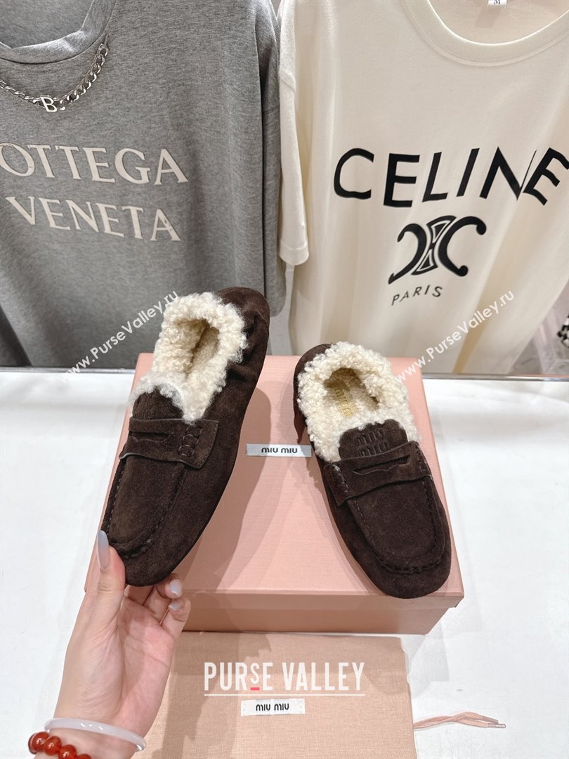 Miu Miu Ruches Suede Loafers with Shearling Dark Brown 2025 (MD-25090604)