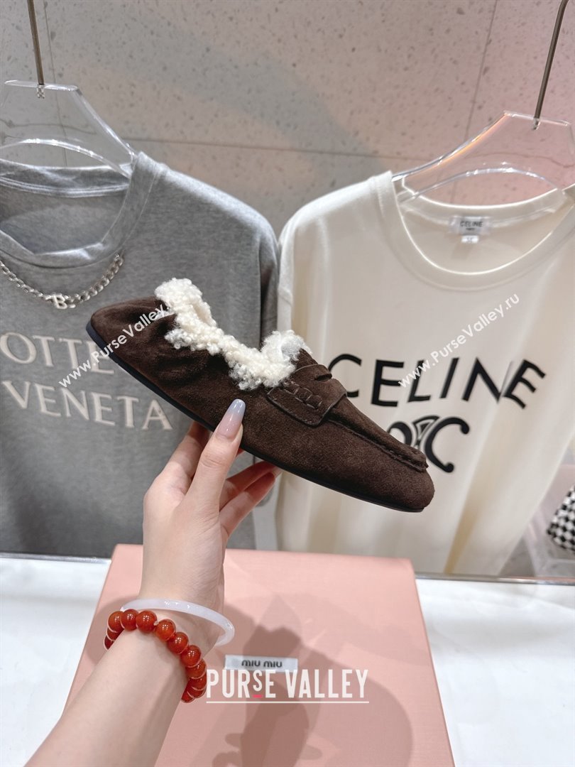 Miu Miu Ruches Suede Loafers with Shearling Dark Brown 2025 (MD-25090604)