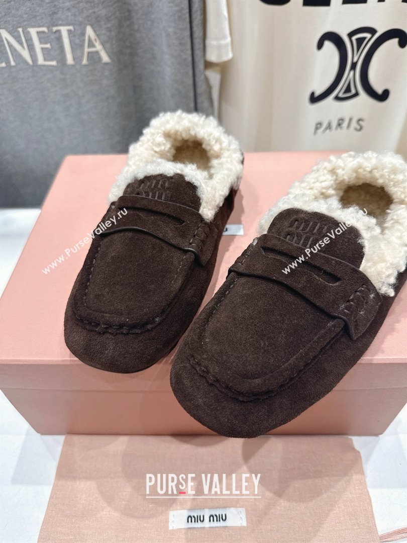 Miu Miu Ruches Suede Loafers with Shearling Dark Brown 2025 (MD-25090604)