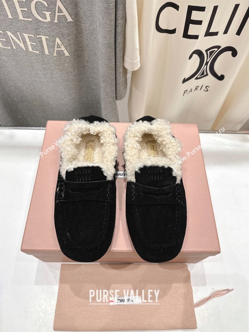 Miu Miu Ruches Suede Loafers with Shearling Black 2025 (MD-25090605)
