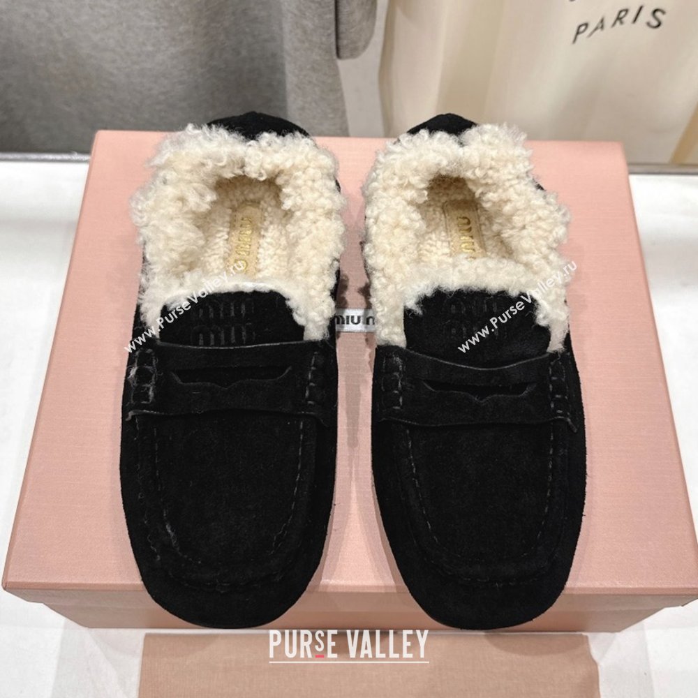 Miu Miu Ruches Suede Loafers with Shearling Black 2025 (MD-25090605)