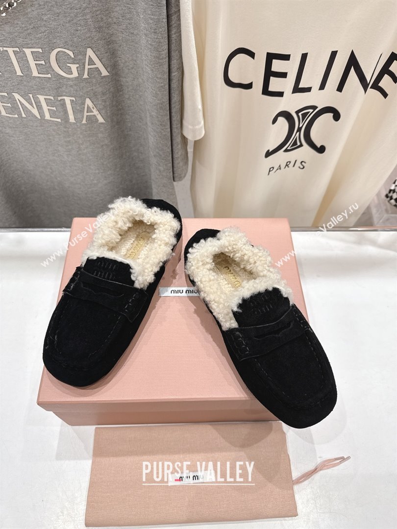 Miu Miu Ruches Suede Loafers with Shearling Black 2025 (MD-25090605)