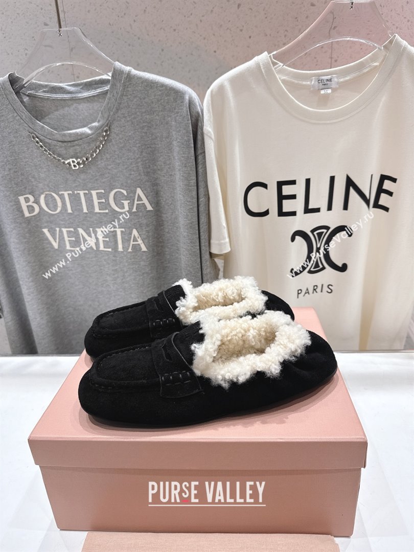 Miu Miu Ruches Suede Loafers with Shearling Black 2025 (MD-25090605)