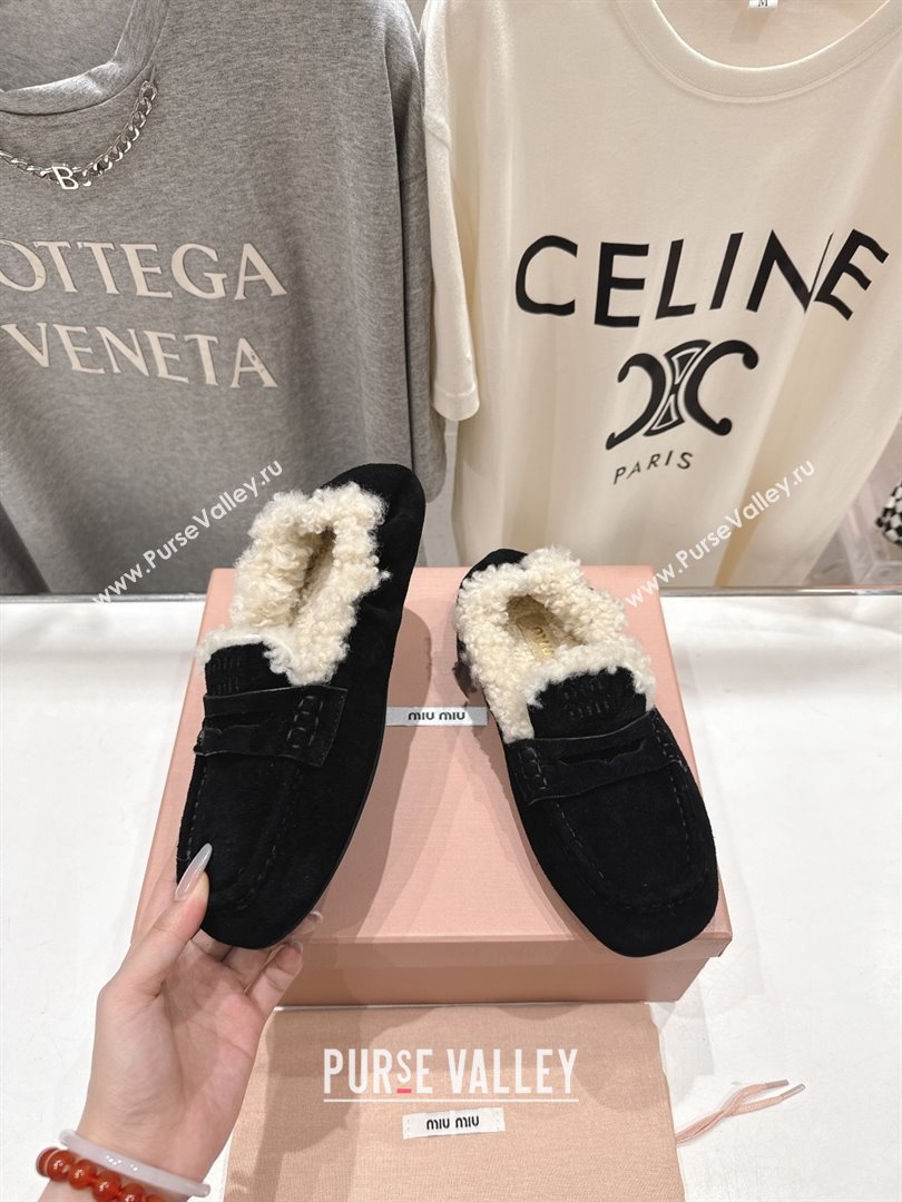 Miu Miu Ruches Suede Loafers with Shearling Black 2025 (MD-25090605)