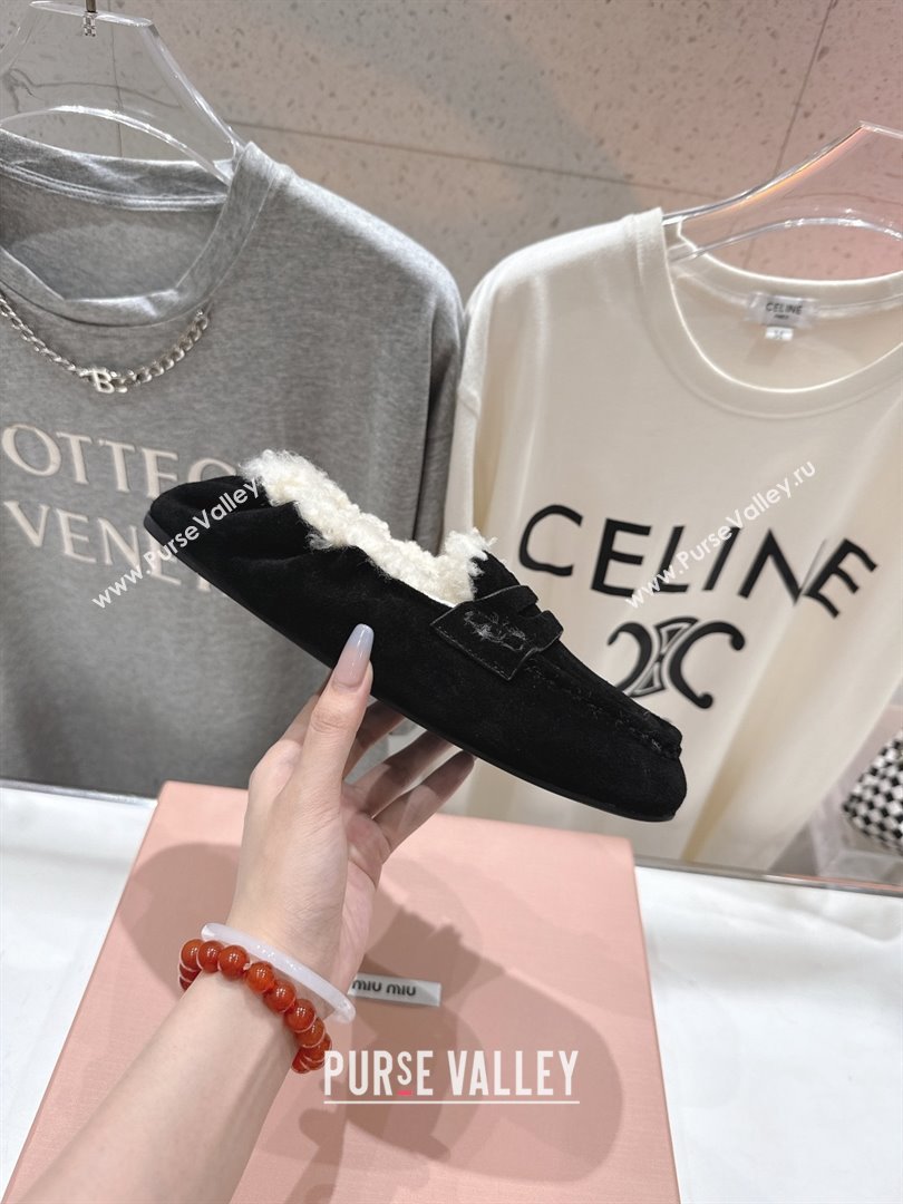 Miu Miu Ruches Suede Loafers with Shearling Black 2025 (MD-25090605)