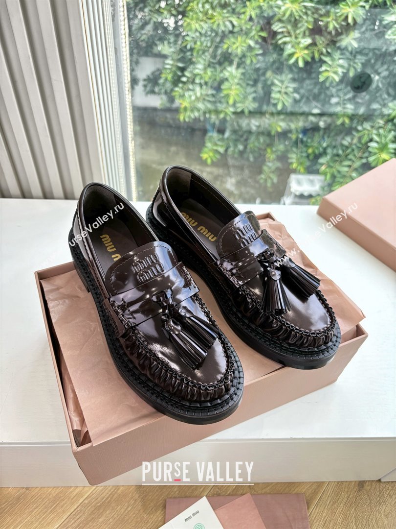 Miu Miu Shiny Calfskin Loafers with Tassel Dark Brown 2025 (MD-25090601)