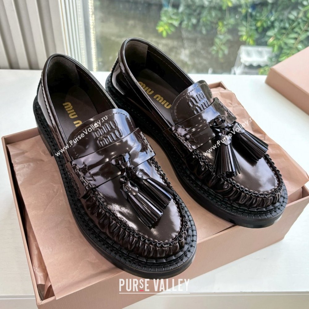 Miu Miu Shiny Calfskin Loafers with Tassel Dark Brown 2025 (MD-25090601)