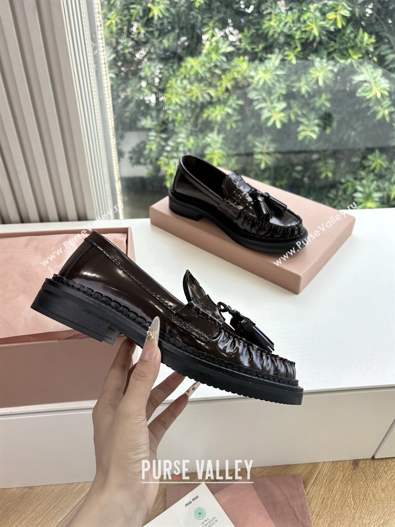 Miu Miu Shiny Calfskin Loafers with Tassel Dark Brown 2025 (MD-25090601)
