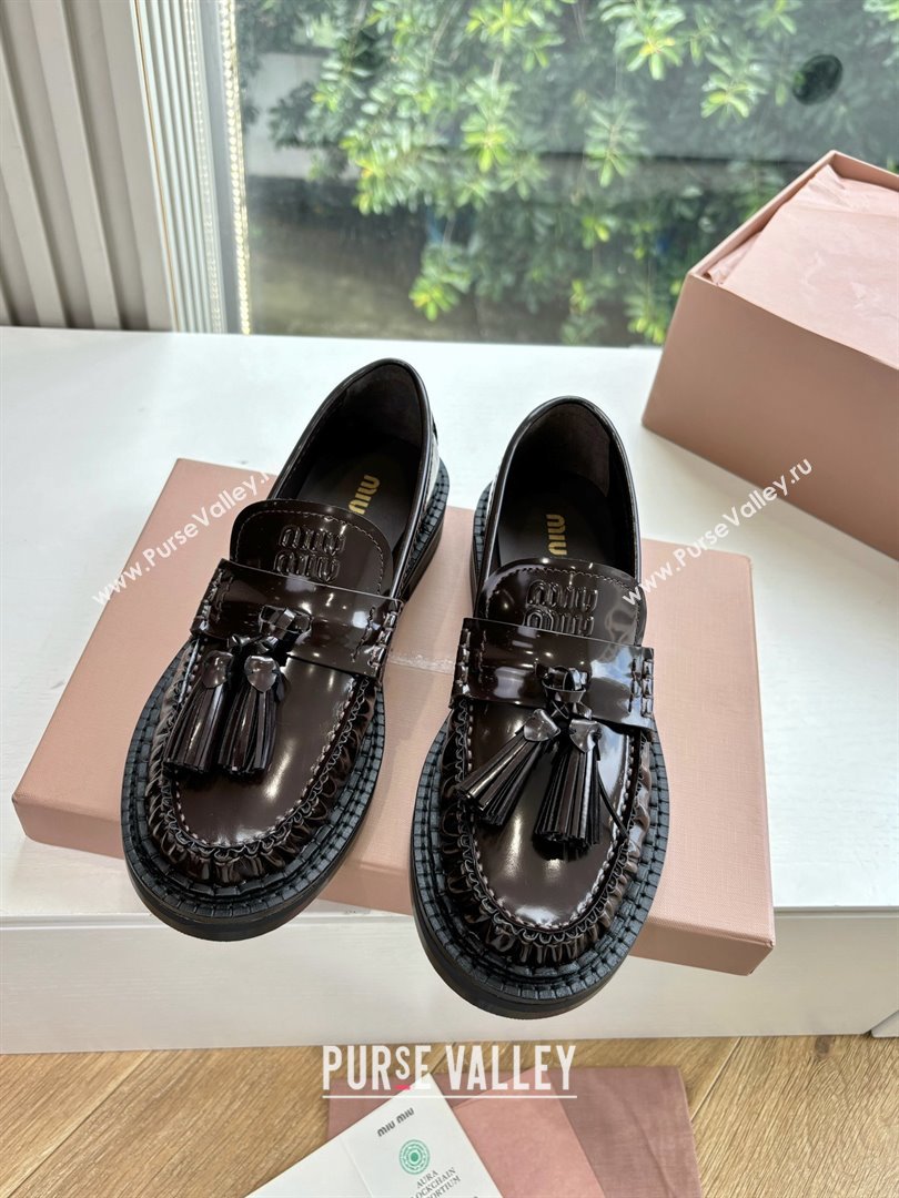 Miu Miu Shiny Calfskin Loafers with Tassel Dark Brown 2025 (MD-25090601)