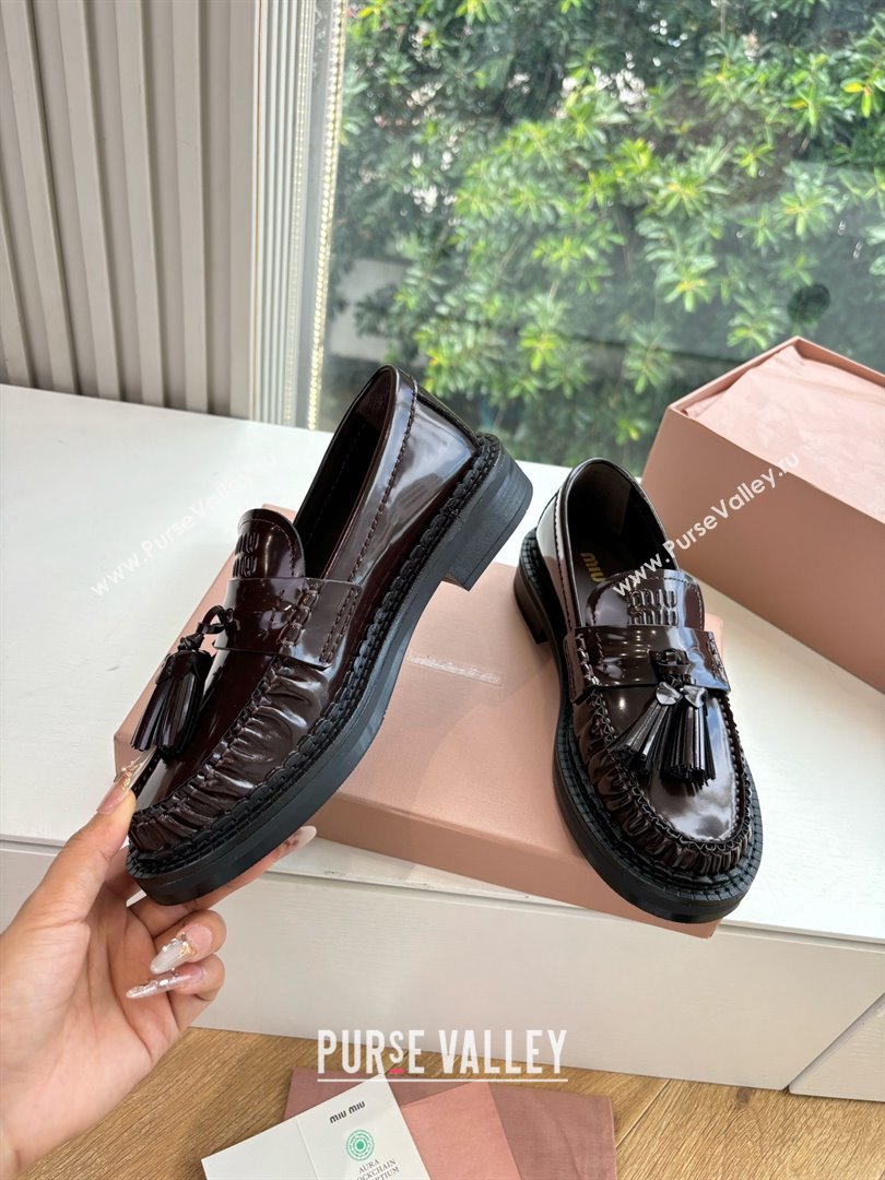 Miu Miu Shiny Calfskin Loafers with Tassel Dark Brown 2025 (MD-25090601)