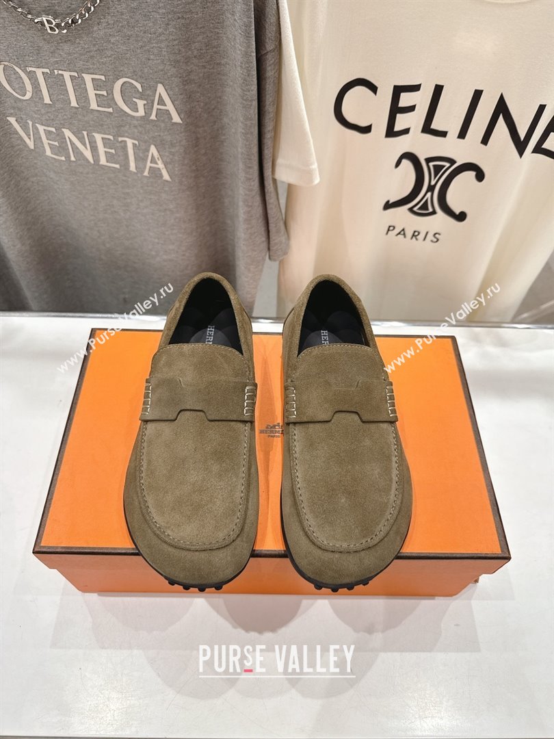 Hermes Lazy Loafers in Suede H090803 Khaki Green 2025 (MD-25090803)