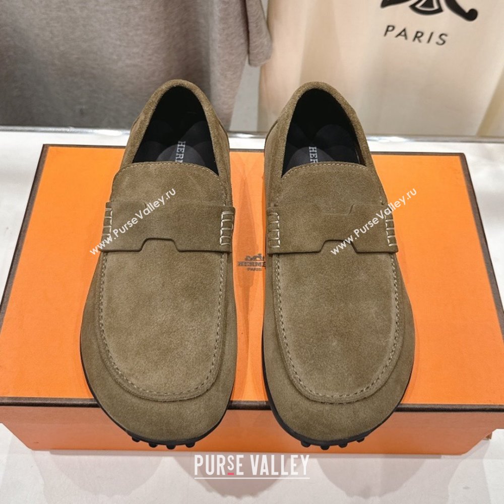 Hermes Lazy Loafers in Suede H090803 Khaki Green 2025 (MD-25090803)