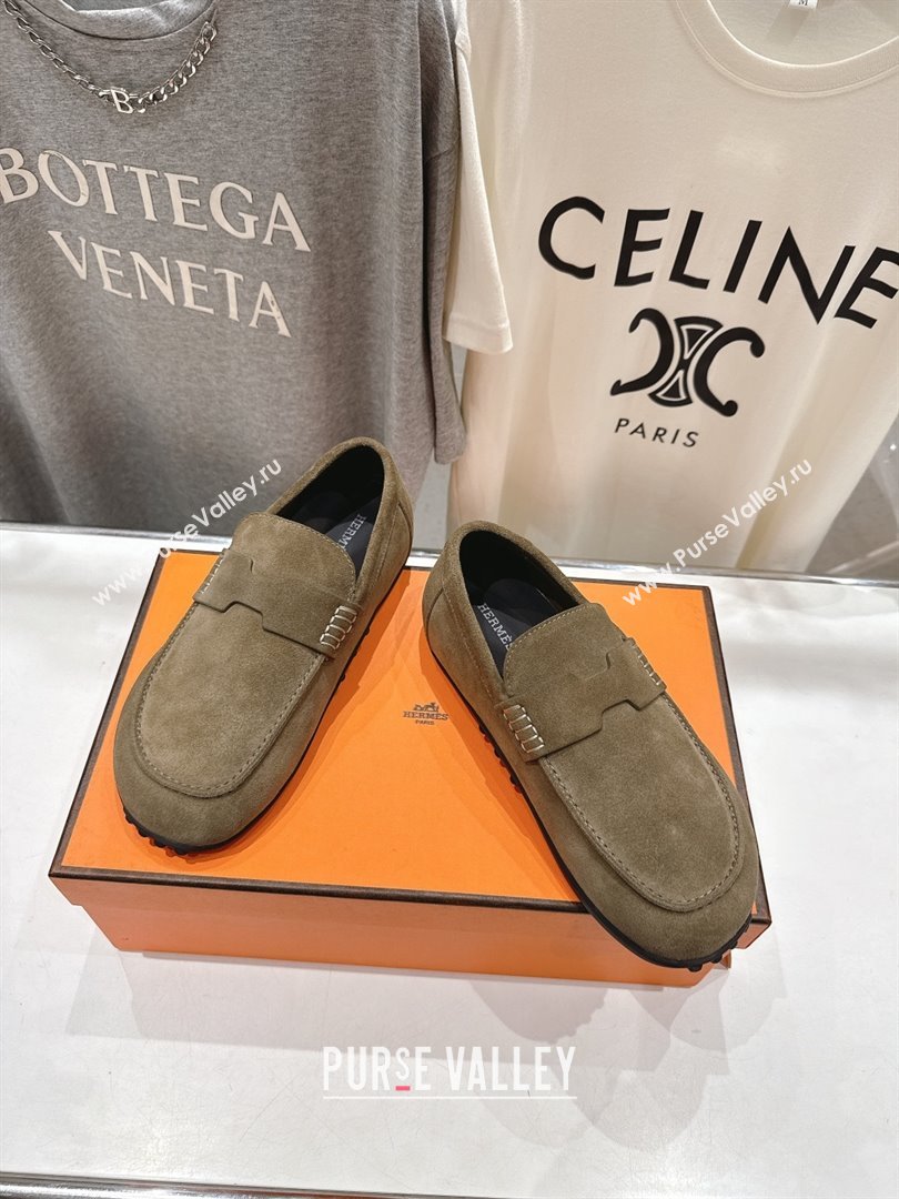 Hermes Lazy Loafers in Suede H090803 Khaki Green 2025 (MD-25090803)