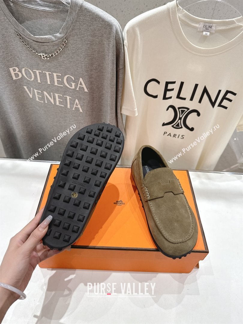 Hermes Lazy Loafers in Suede H090803 Khaki Green 2025 (MD-25090803)