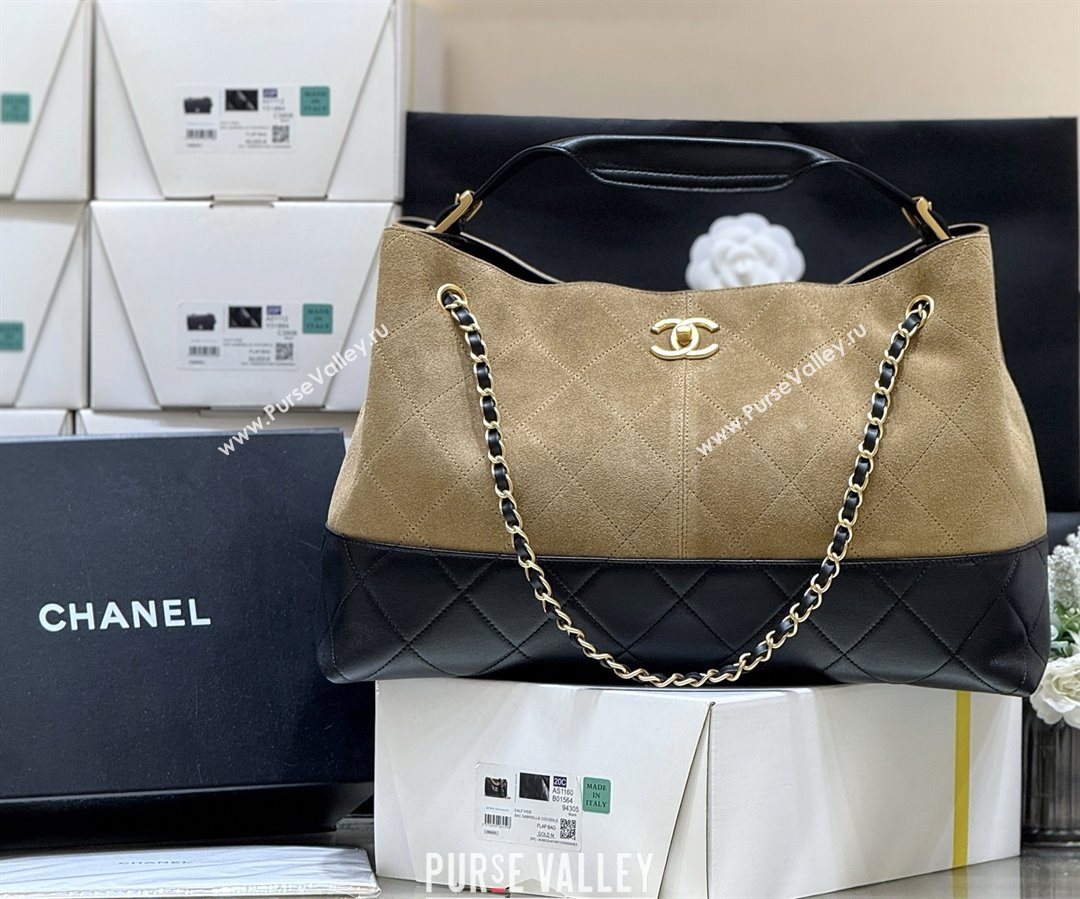 Chanel Suede Calfskin Shiny Lambskin Shopping Bag AS5657 Beige/Black 2025 Top Quality (SHUNY-25091110)