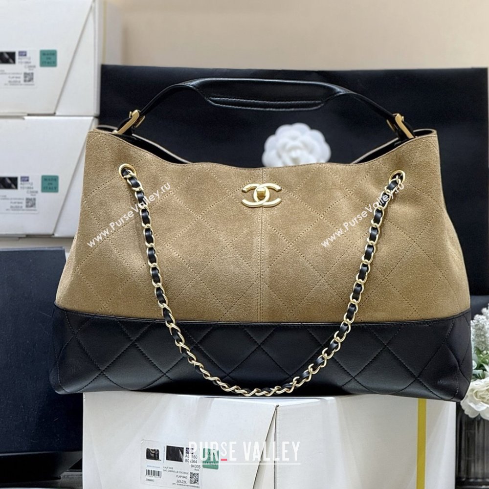 Chanel Suede Calfskin Shiny Lambskin Shopping Bag AS5657 Beige/Black 2025 Top Quality (SHUNY-25091110)