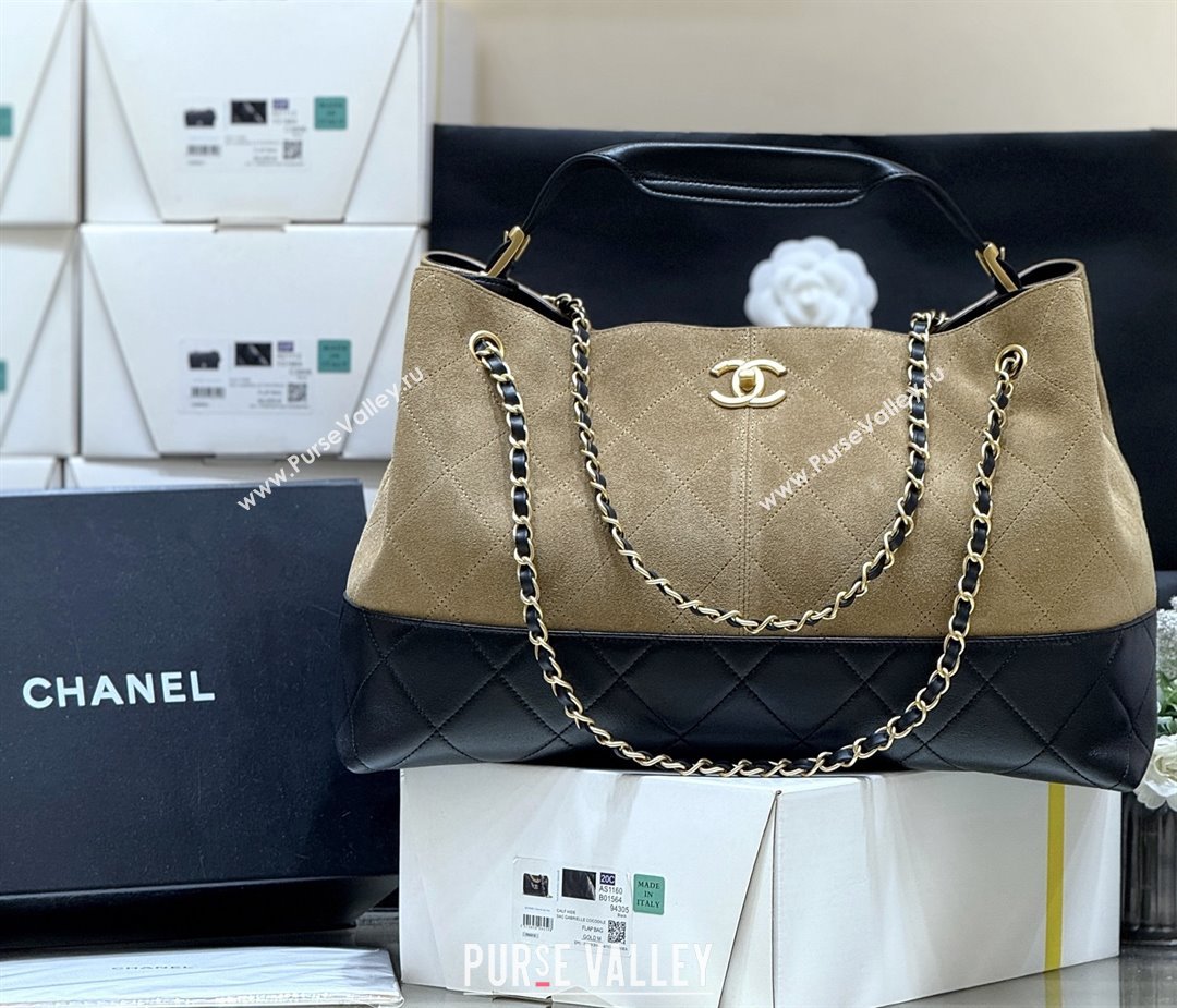 Chanel Suede Calfskin Shiny Lambskin Shopping Bag AS5657 Beige/Black 2025 Top Quality (SHUNY-25091110)