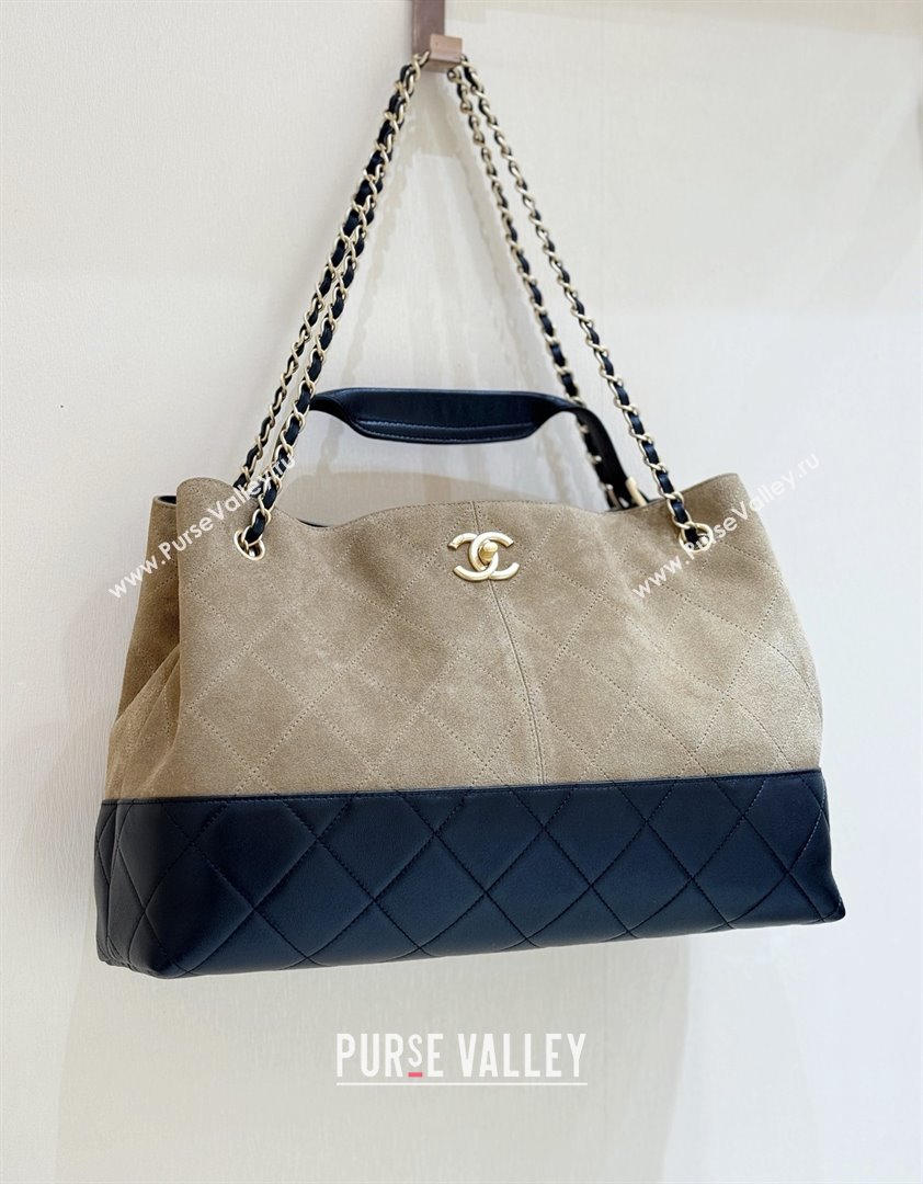 Chanel Suede Calfskin Shiny Lambskin Shopping Bag AS5657 Beige/Black 2025 Top Quality (SHUNY-25091110)