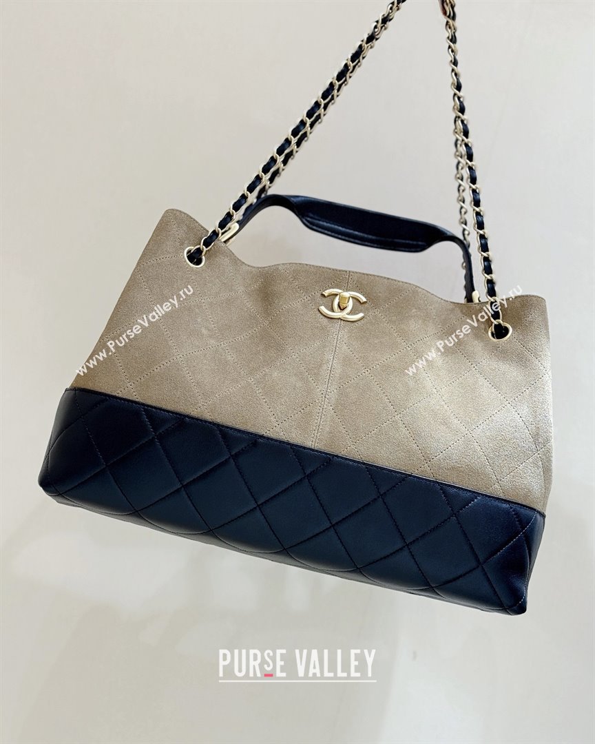 Chanel Suede Calfskin Shiny Lambskin Shopping Bag AS5657 Beige/Black 2025 Top Quality (SHUNY-25091110)