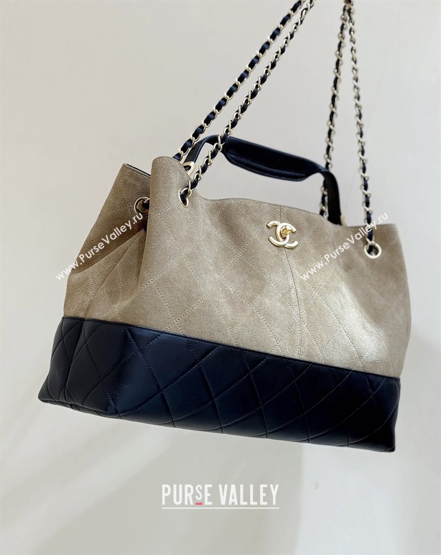 Chanel Suede Calfskin Shiny Lambskin Shopping Bag AS5657 Beige/Black 2025 Top Quality (SHUNY-25091110)