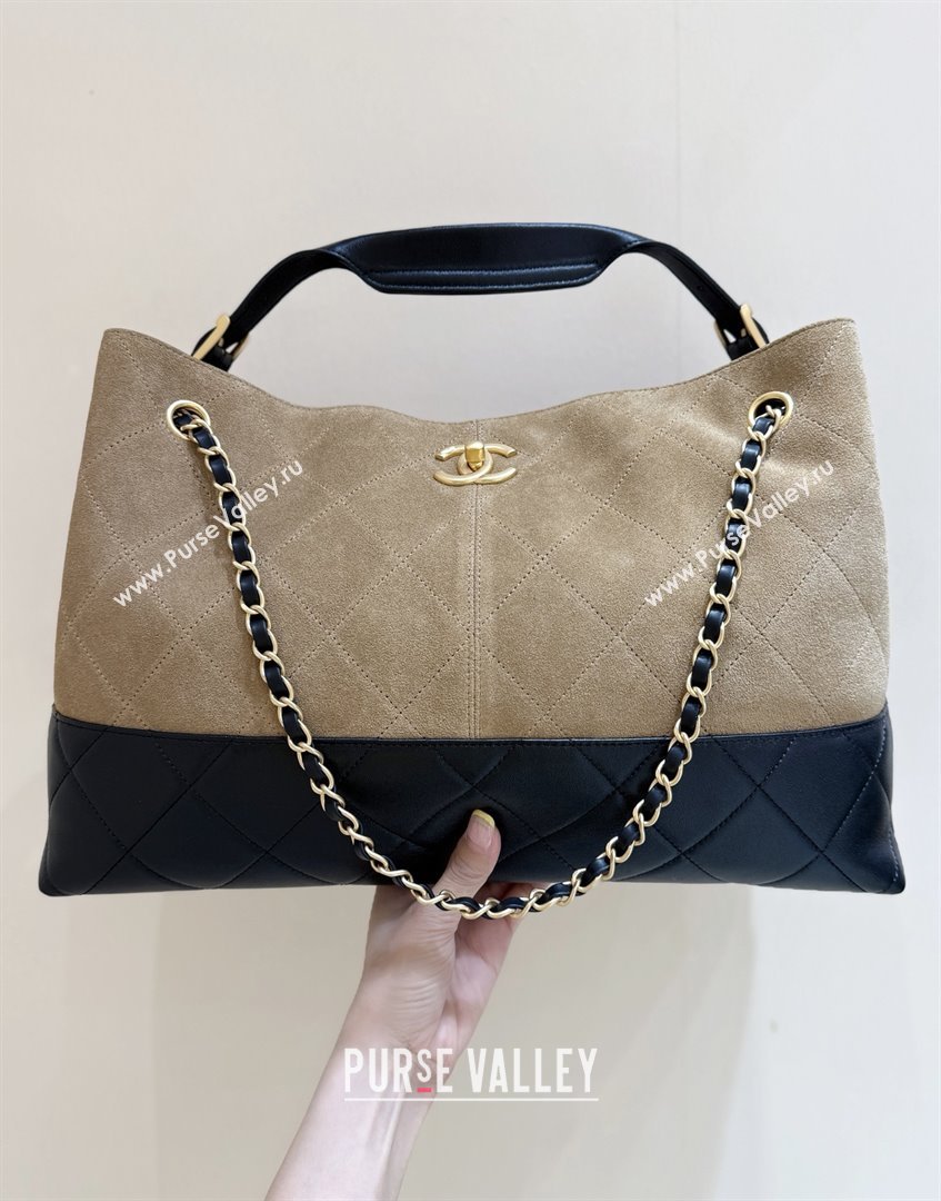 Chanel Suede Calfskin Shiny Lambskin Shopping Bag AS5657 Beige/Black 2025 Top Quality (SHUNY-25091110)