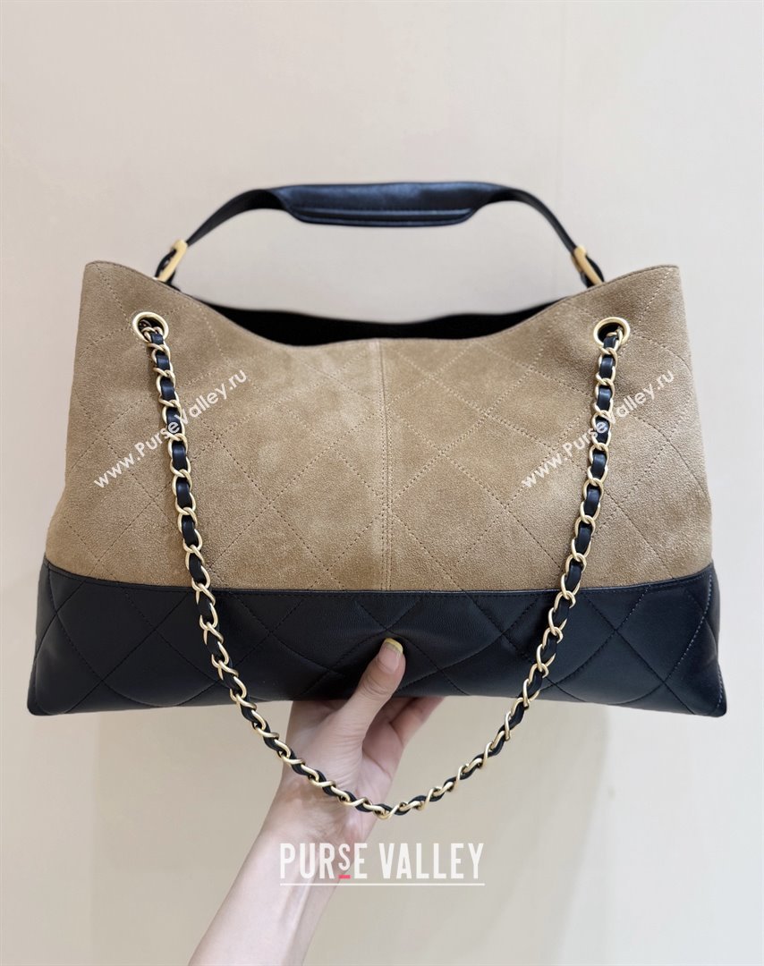 Chanel Suede Calfskin Shiny Lambskin Shopping Bag AS5657 Beige/Black 2025 Top Quality (SHUNY-25091110)