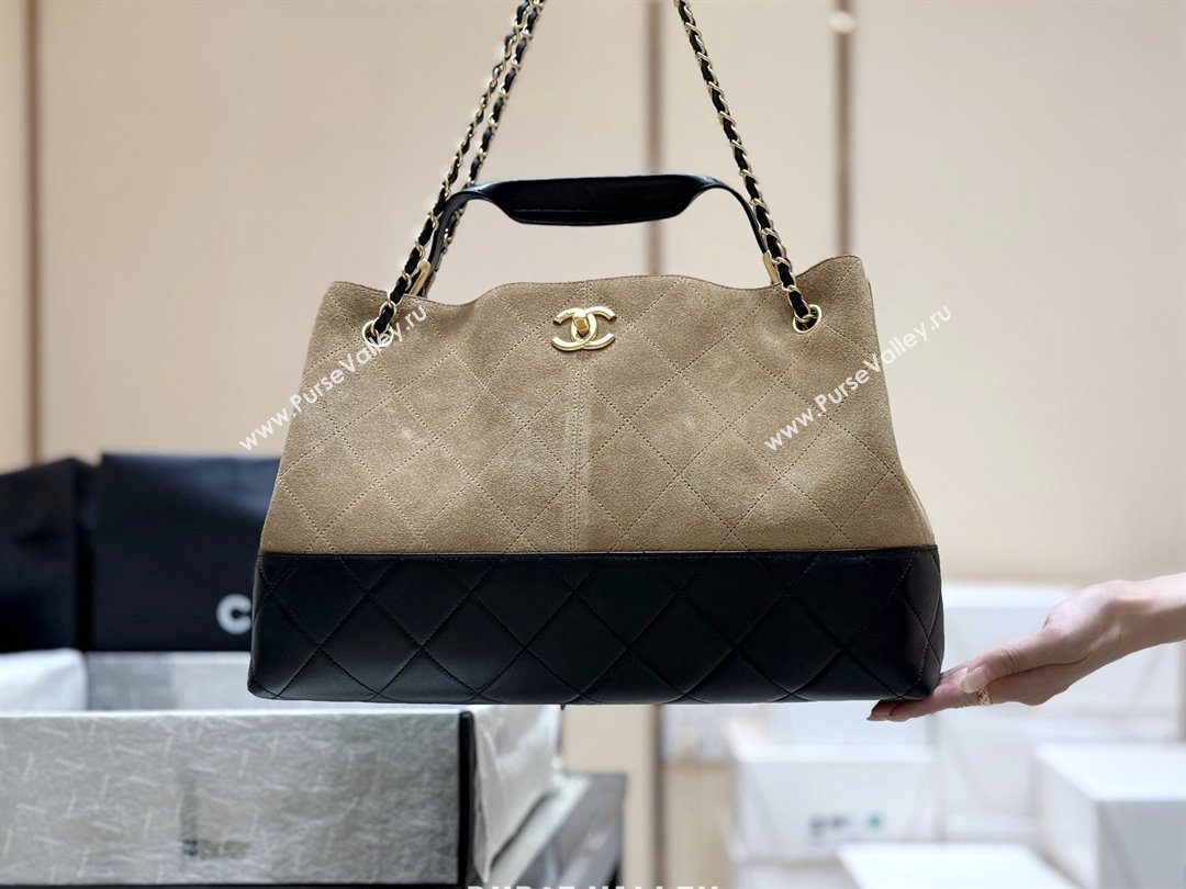 Chanel Suede Calfskin Shiny Lambskin Shopping Bag AS5657 Beige/Black 2025 Top Quality (SHUNY-25091110)