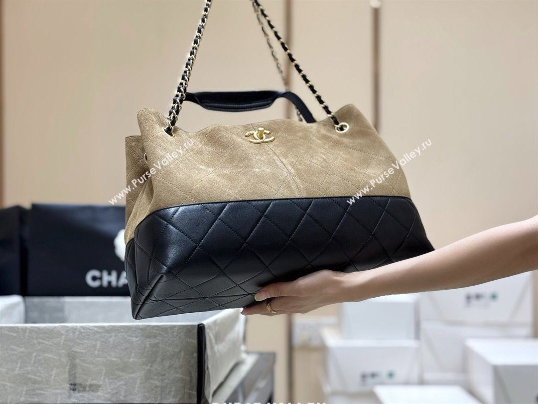 Chanel Suede Calfskin Shiny Lambskin Shopping Bag AS5657 Beige/Black 2025 Top Quality (SHUNY-25091110)
