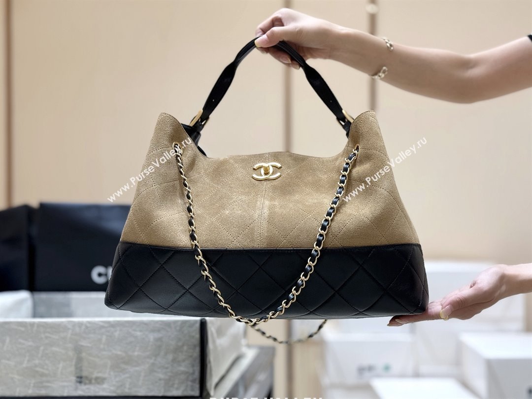 Chanel Suede Calfskin Shiny Lambskin Shopping Bag AS5657 Beige/Black 2025 Top Quality (SHUNY-25091110)
