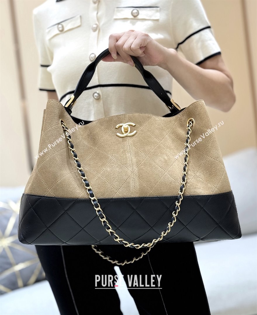 Chanel Suede Calfskin Shiny Lambskin Shopping Bag AS5657 Beige/Black 2025 Top Quality (SHUNY-25091110)