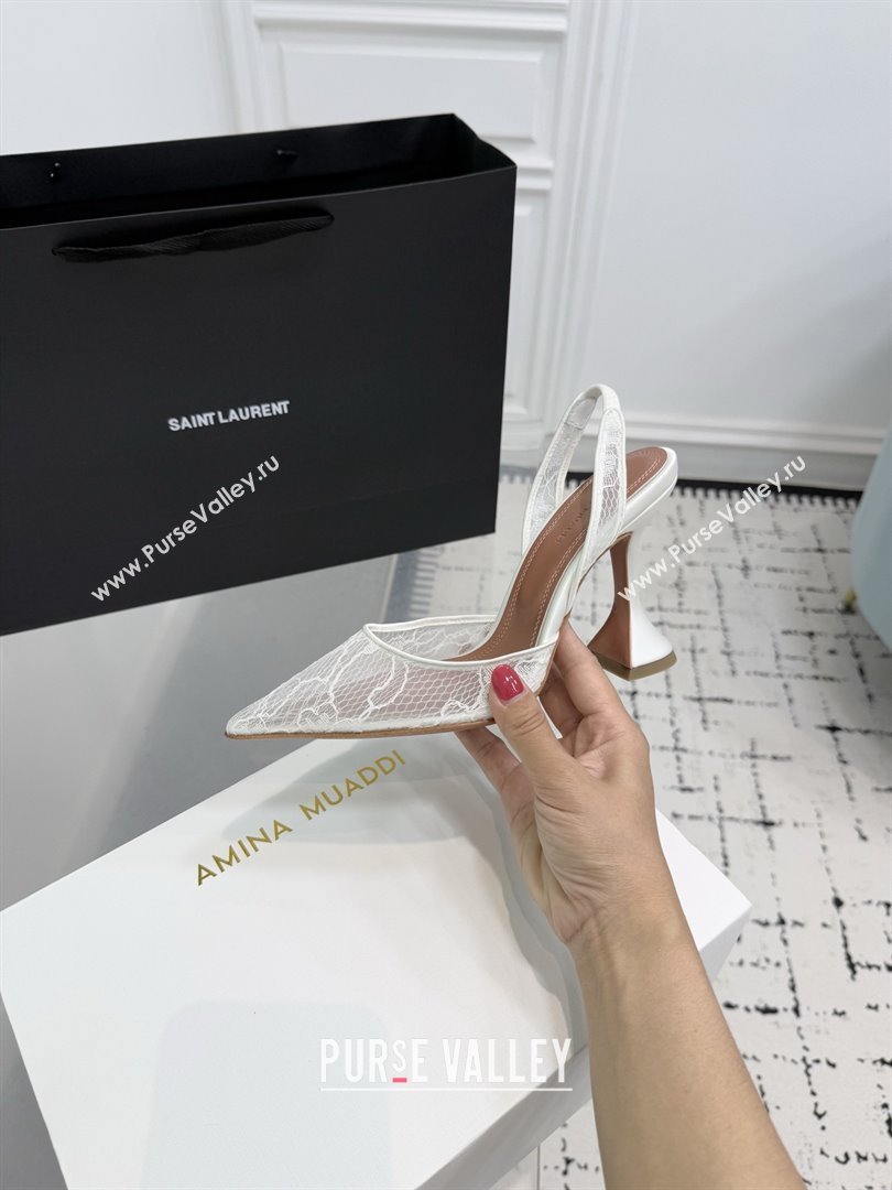 Amina Muaddi Holli Lace Sling Back Pumps 9.5cm Heel White 2025 (MD-25091112)