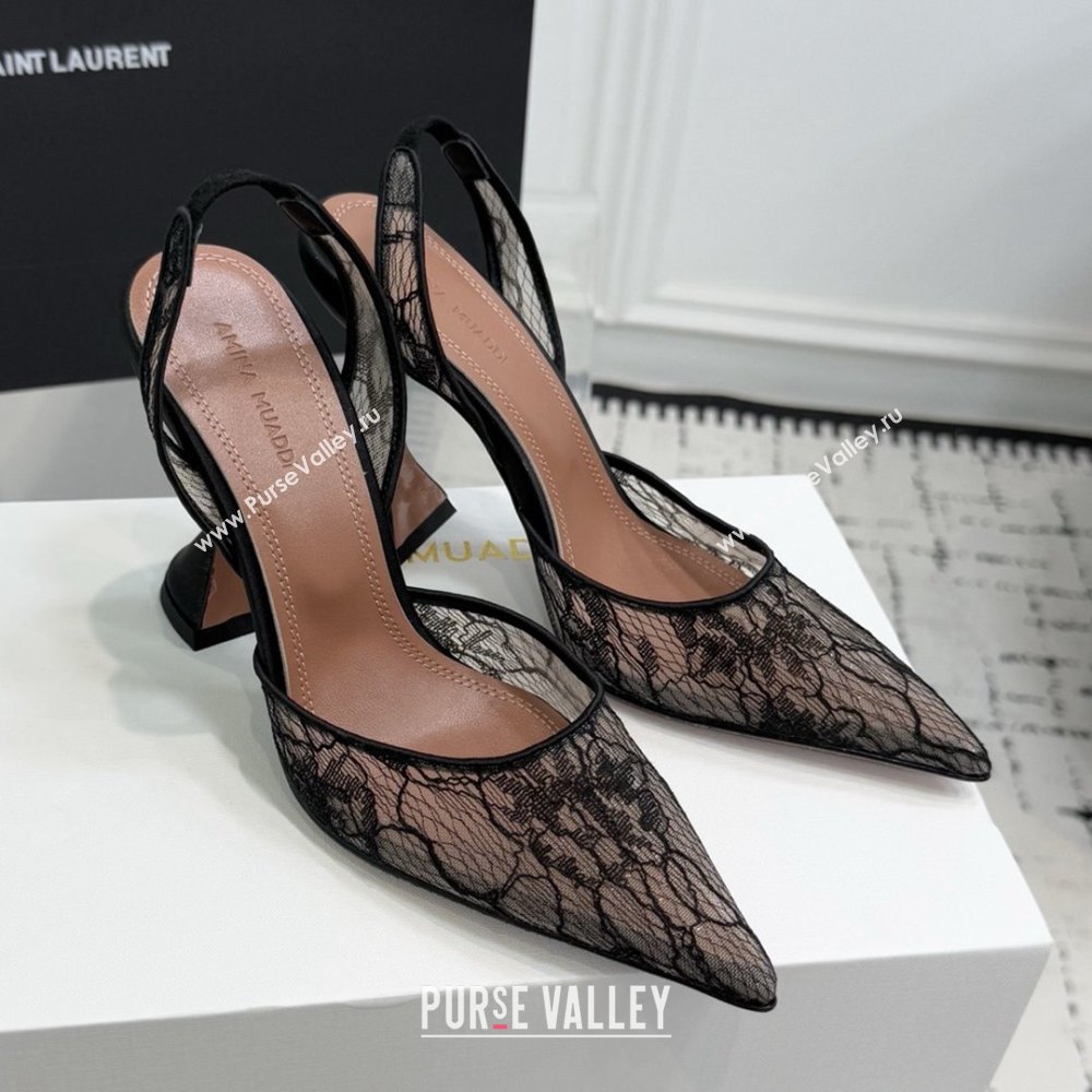 Amina Muaddi Holli Lace Sling Back Pumps 9.5cm Heel Black 2025 (MD-25091111)