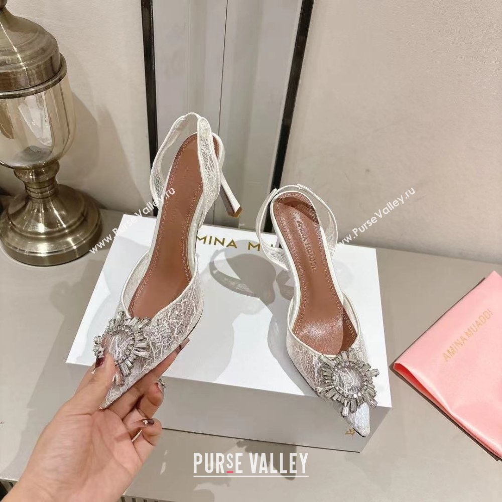 Amina Muaddi Begum Lace Sling Pumps White 2024 (MD-25091119)