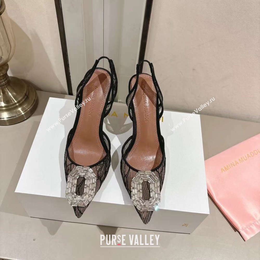 Amina Muaddi Camelia Lace Sling Pumps with Antique Buckle Black 2025 (MD-25091120)