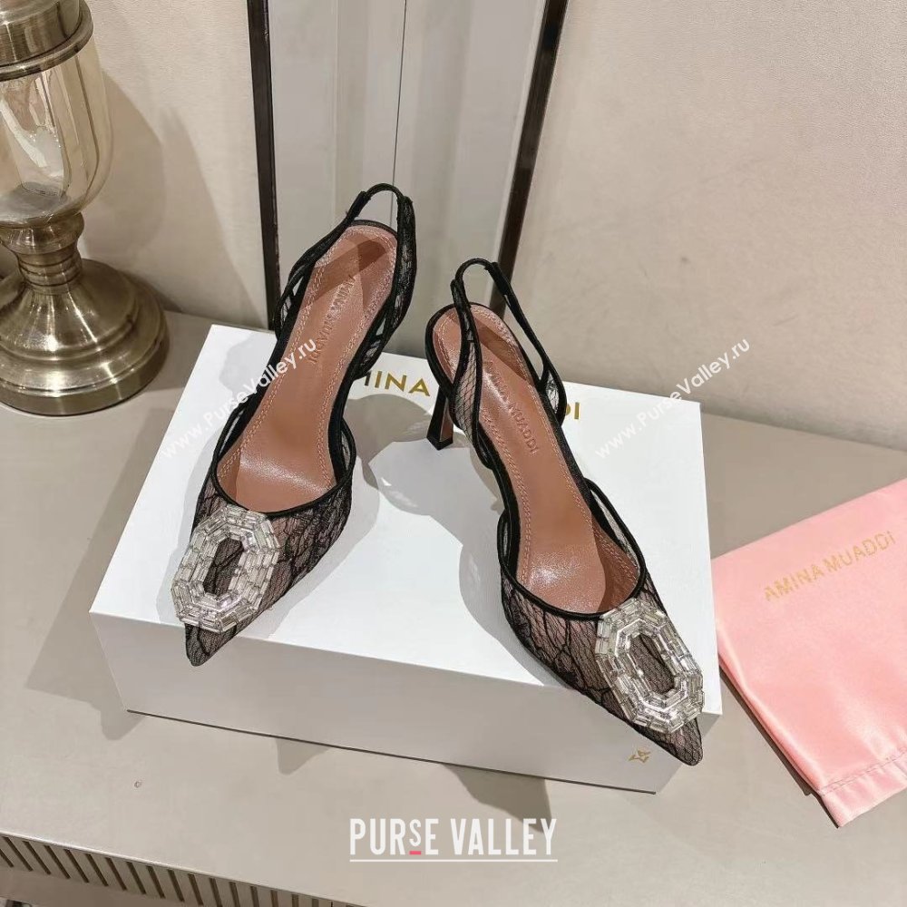 Amina Muaddi Camelia Lace Sling Pumps with Antique Buckle Black 2025 (MD-25091120)