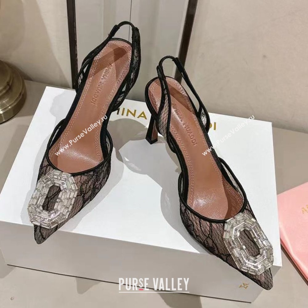 Amina Muaddi Camelia Lace Sling Pumps with Antique Buckle Black 2025 (MD-25091120)