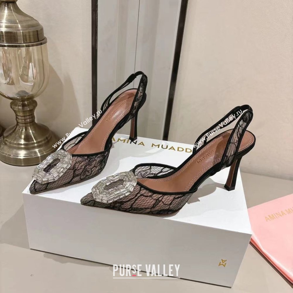 Amina Muaddi Camelia Lace Sling Pumps with Antique Buckle Black 2025 (MD-25091120)