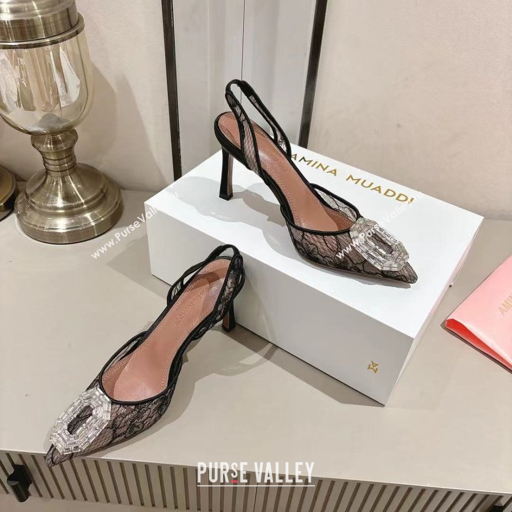 Amina Muaddi Camelia Lace Sling Pumps with Antique Buckle Black 2025 (MD-25091120)