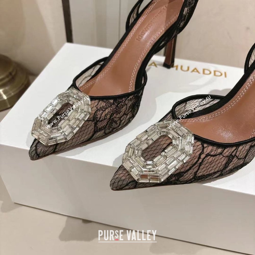 Amina Muaddi Camelia Lace Sling Pumps with Antique Buckle Black 2025 (MD-25091120)