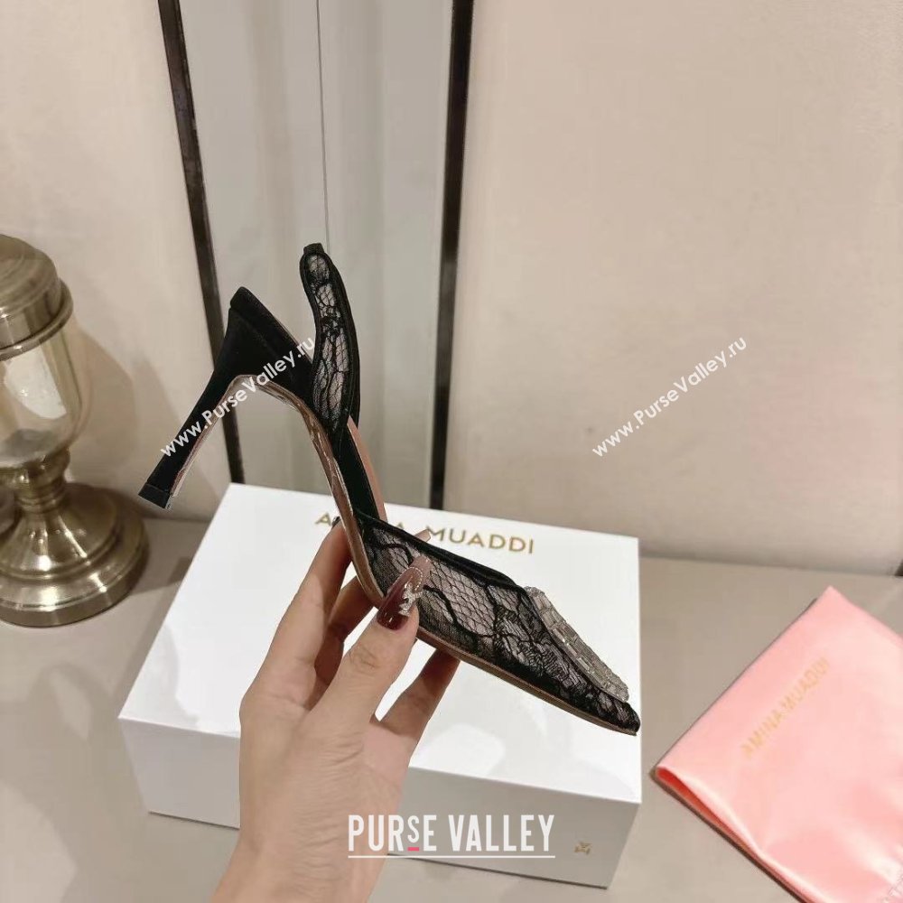Amina Muaddi Camelia Lace Sling Pumps with Antique Buckle Black 2025 (MD-25091120)