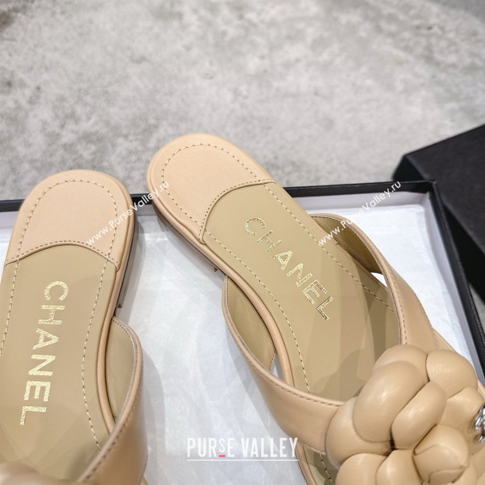 Chanel Lambskin Flat Thong Slides Sandal with Camellia Black CH92214 Beige 2025 (SS-25092214)