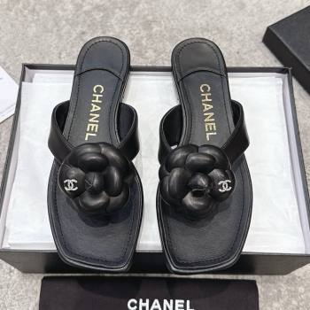 Chanel Lambskin Flat Thong Slides Sandal with Camellia Black CH92212 Black 2025 (SS-25092211)