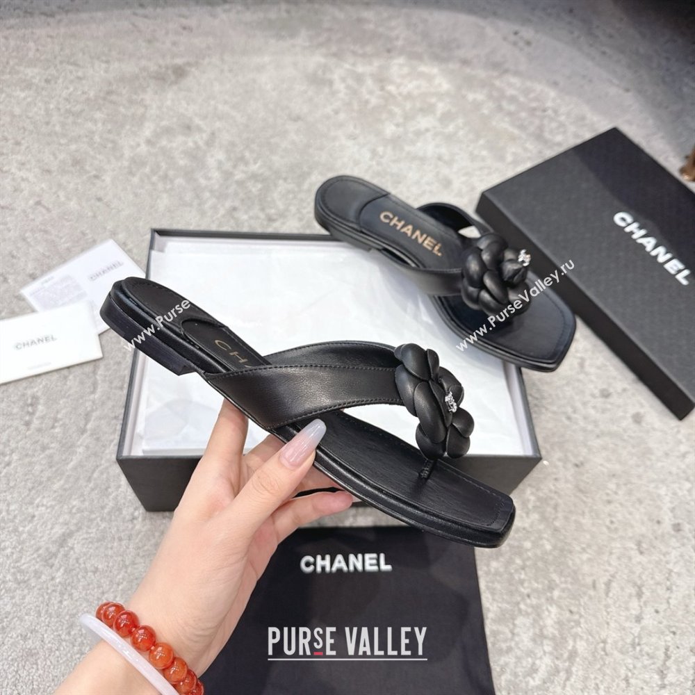 Chanel Lambskin Flat Thong Slides Sandal with Camellia Black CH92212 Black 2025 (SS-25092211)