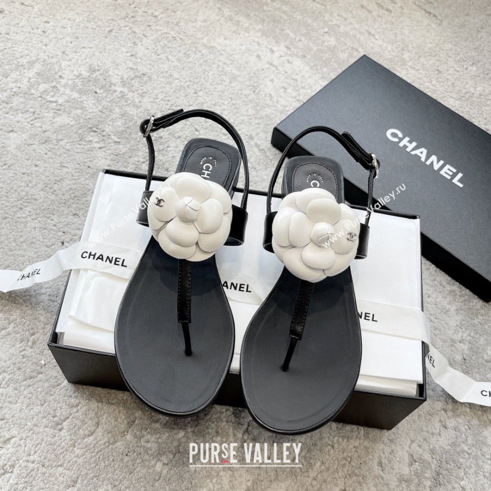 Chanel Camellia Lambskin Sandals CH92210 Black/White 2025 (KL-25092210)